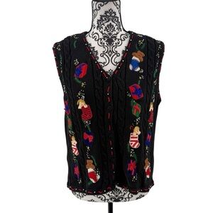 Designers Studio Originals Vintage Christmas Sweater Vest Embroidered Bead Knit